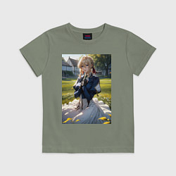 Футболка хлопковая детская Вайолет Эвергарден на лугу, цвет: авокадо