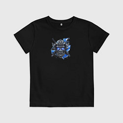 Футболка хлопковая детская Маска самурая с синим пламенем, цвет: черный