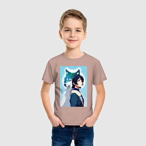 Детская футболка Мечтательная девчонка и волк - нейроарт / Пыльно-розовый – фото 3