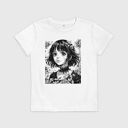 Футболка хлопковая детская Аниме девушка портрет черно-белый, цвет: белый