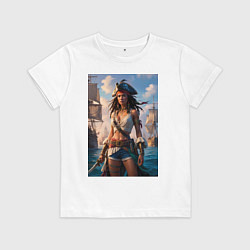 Футболка хлопковая детская Пиратка на фона флотилии кораблей, цвет: белый