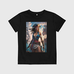 Футболка хлопковая детская Пиратка на фона флотилии кораблей, цвет: черный