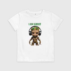 Футболка хлопковая детская Малыш Грут в наушниках, цвет: белый