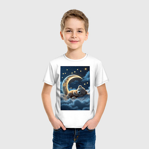 Детская футболка Плюшевый мишка сидит на Луне / Белый – фото 3