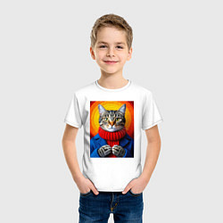 Футболка хлопковая детская Котик в вязаной кофте, цвет: белый — фото 2