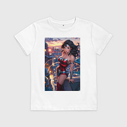Футболка хлопковая детская Чудо-женщина с городским фоном в стиле комиксов, цвет: белый