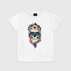 Футболка хлопковая детская The skull in flowers, цвет: белый