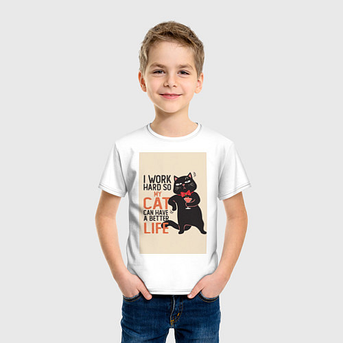 Детская футболка Работаю ради кота мем / Белый – фото 3