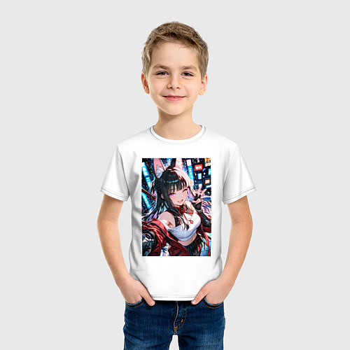 Детская футболка Озорная кошка-самурай / Белый – фото 3