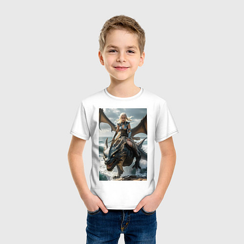 Детская футболка Девушка летит на драконе в стиле Игры престолов / Белый – фото 3