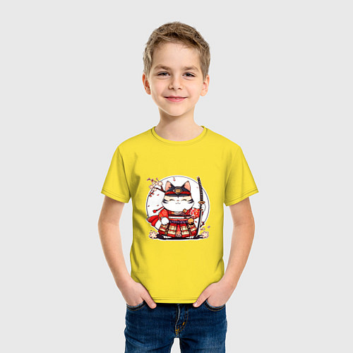 Детская футболка Кот самурай на фоне луны / Желтый – фото 3
