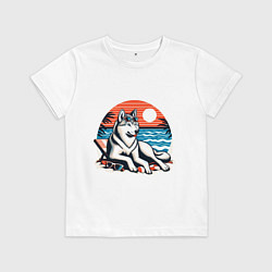 Детская футболка Хаски отдыхает на пляже