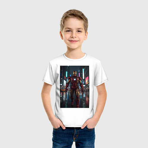 Детская футболка Железный человек посреди ночного города / Белый – фото 3