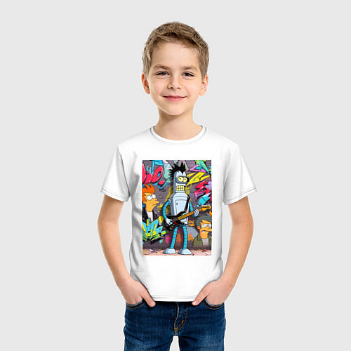 Детская футболка Бендер с гитарой и Фрай - граффити / Белый – фото 3