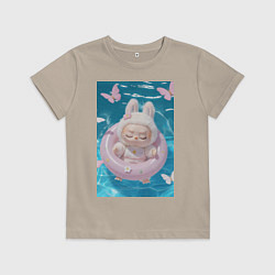 Футболка хлопковая детская Labubu в бассейне с надувным кругом, цвет: миндальный