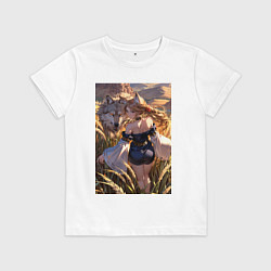 Футболка хлопковая детская Девушка-волчица посреди поля пшеницы, цвет: белый
