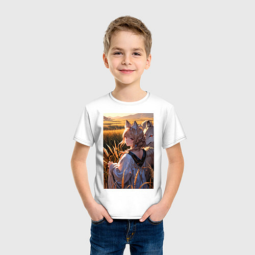Детская футболка Девушка-волчица посреди поля пшеницы / Белый – фото 3