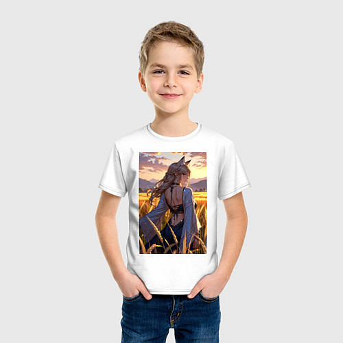 Детская футболка Девушка-волчица посреди поля пшеницы / Белый – фото 3