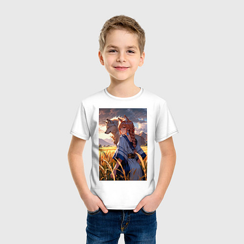 Детская футболка Девушка-волчица посреди поля пшеницы / Белый – фото 3
