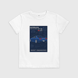 Футболка хлопковая детская Nissan Skyline GT-R R34 легенда JDM, цвет: белый