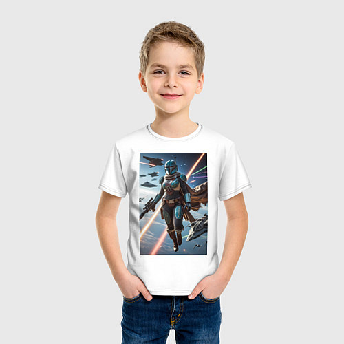 Детская футболка Девушка-мандалорец в космосе / Белый – фото 3
