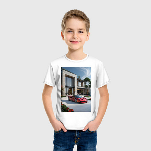 Детская футболка Красный суперкар у дома / Белый – фото 3