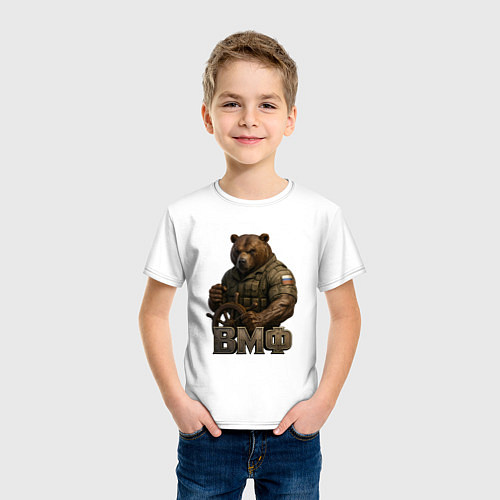 Детская футболка ВМФ русский медведь за штурвалом / Белый – фото 3