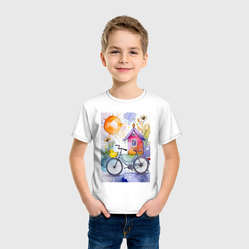 Детская футболка Утенок на велосипеде - акварель / Белый – фото 3