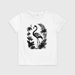 Футболка хлопковая детская Черный фламинго в цветах, цвет: белый