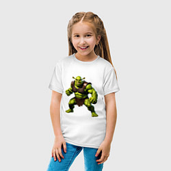 Футболка хлопковая детская Гибрид Шрека и Халка стоит в динамичной позе, цвет: белый — фото 2