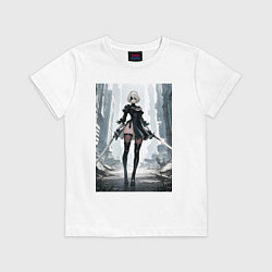 Футболка хлопковая детская Девушка-андроид с катанами посреди руин, цвет: белый