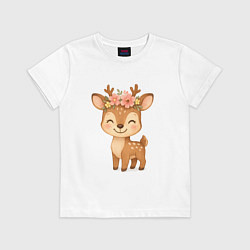 Футболка хлопковая детская Милый олененок с венком, цвет: белый