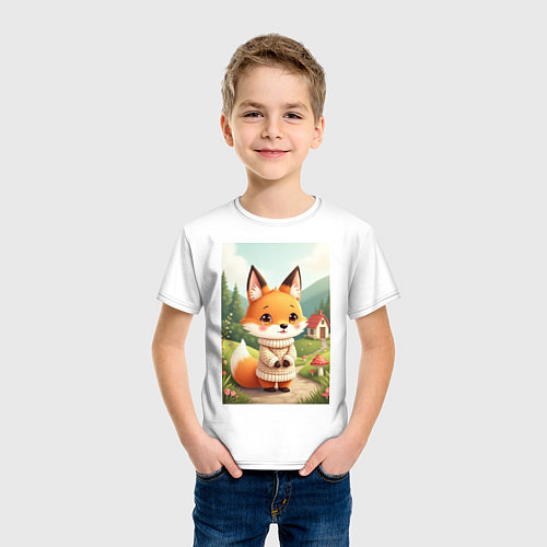 Детская футболка Пушистая лиса в сказочной деревне / Белый – фото 3