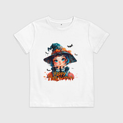 Футболка хлопковая детская Счастливого Хэллоуина - ведьмочка, цвет: белый
