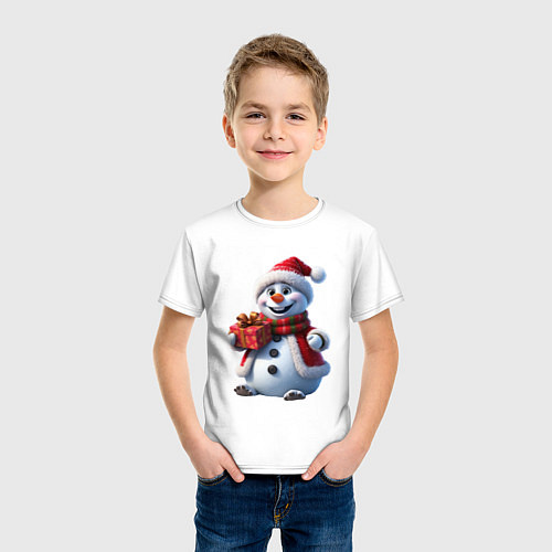 Детская футболка Новогодний снеговик в красной шапке / Белый – фото 3