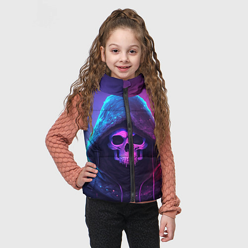 Детский жилет Неоновый череп в капюшоне / 3D-Светло-серый – фото 3