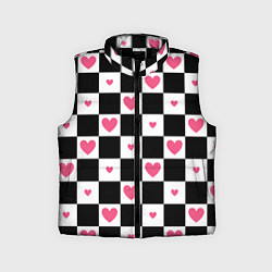Детский жилет Розовые сердечки на фоне шахматной черно-белой дос, цвет: 3D-черный
