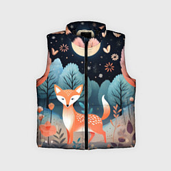 Детский жилет Лисичка в осеннем лесу фолк-арт, цвет: 3D-черный