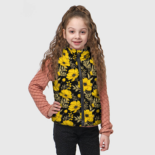 Детский жилет Желтые цветы на черном фоне паттерн / 3D-Красный – фото 3