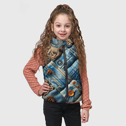 Детский жилет Джинсовый пэчворк с пуговицами - мода / 3D-Черный – фото 3