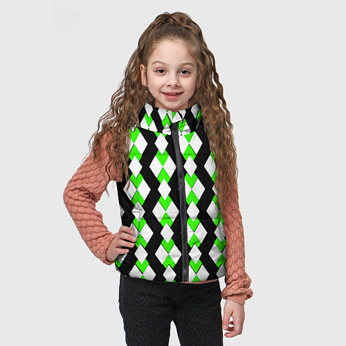 Детский жилет Зелёные и белые ромбы на чёрном фоне / 3D-Черный – фото 3