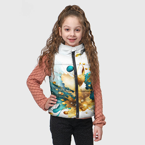 Детский жилет Бирюзово голубая абстракция, брызги краски на бело / 3D-Черный – фото 3
