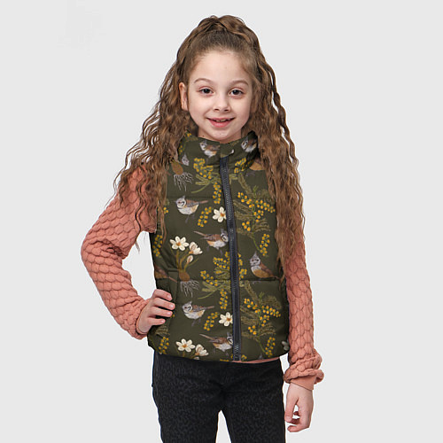 Детский жилет Хохлатые синицы и мимоза паттерн / 3D-Черный – фото 3