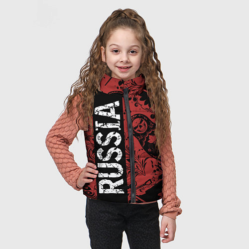 Детский жилет Россия на фоне матрёшек балалайки и славянских узо / 3D-Черный – фото 3