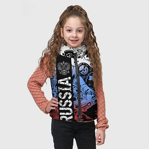 Детский жилет Герб России на фоне матрёшек балалайки и славянски / 3D-Черный – фото 3