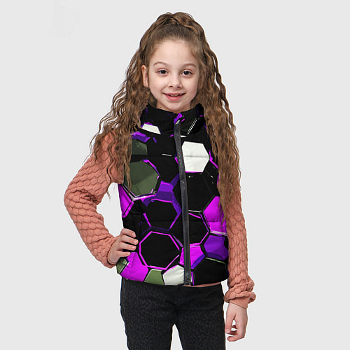 Детский жилет Розово-белые шестиугольники на чёрном фоне / 3D-Светло-серый – фото 3