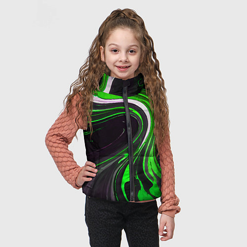 Детский жилет Волнистые бело-зелёные линии на чёрном фоне / 3D-Черный – фото 3