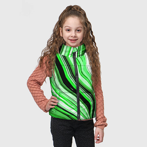 Детский жилет Волнистые вертикальные чёрно-зелёные полосы / 3D-Светло-серый – фото 3