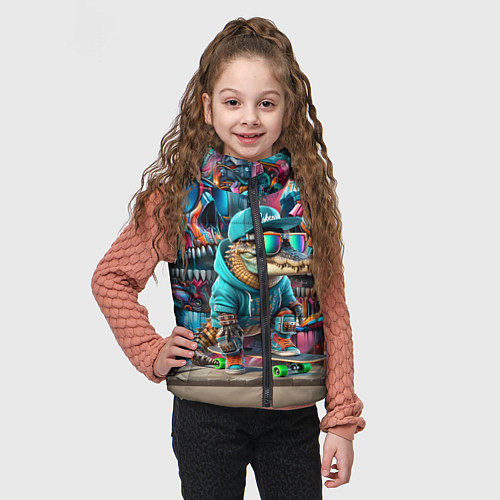 Детский жилет Крокодилёныш крутой скейтбордист - киберпанк / 3D-Черный – фото 3