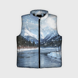 Детский жилет Снежный горный пейзаж с елями и рекой, цвет: 3D-черный